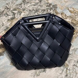 Anthropologie Small Black Basket Weave Leather Bag with Strap